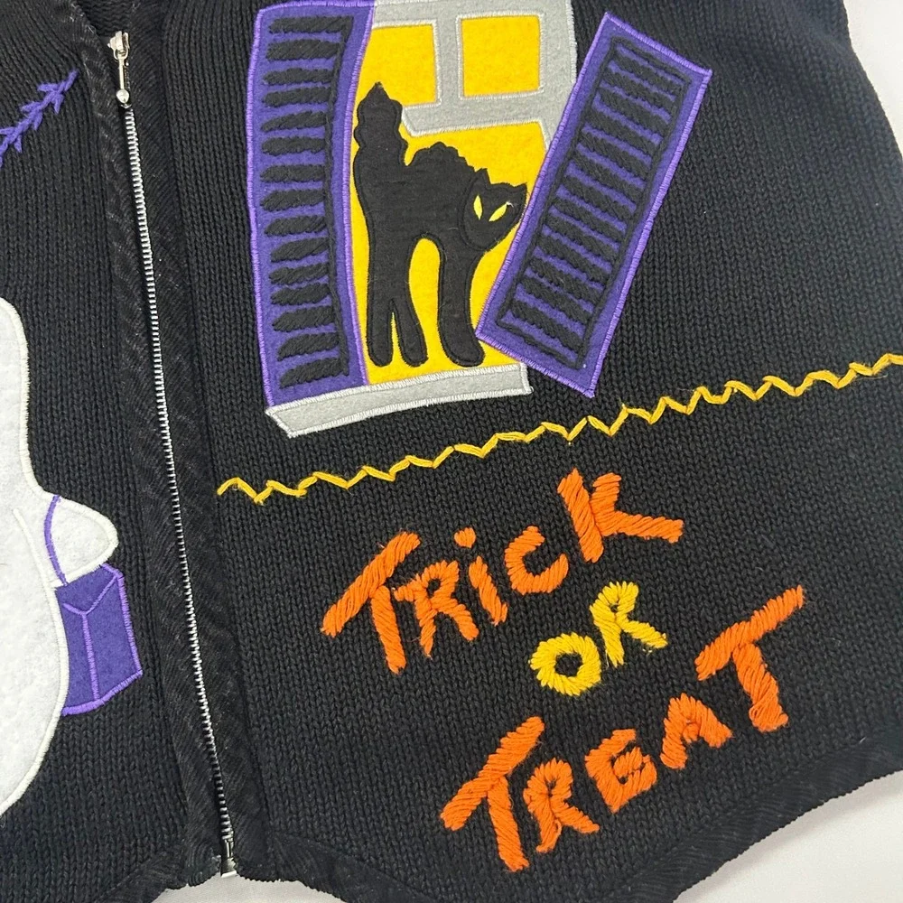Victoria Jones Halloween Sweater Vest Women L Black Zip Up Ghost Pumpkin Bat VTG
